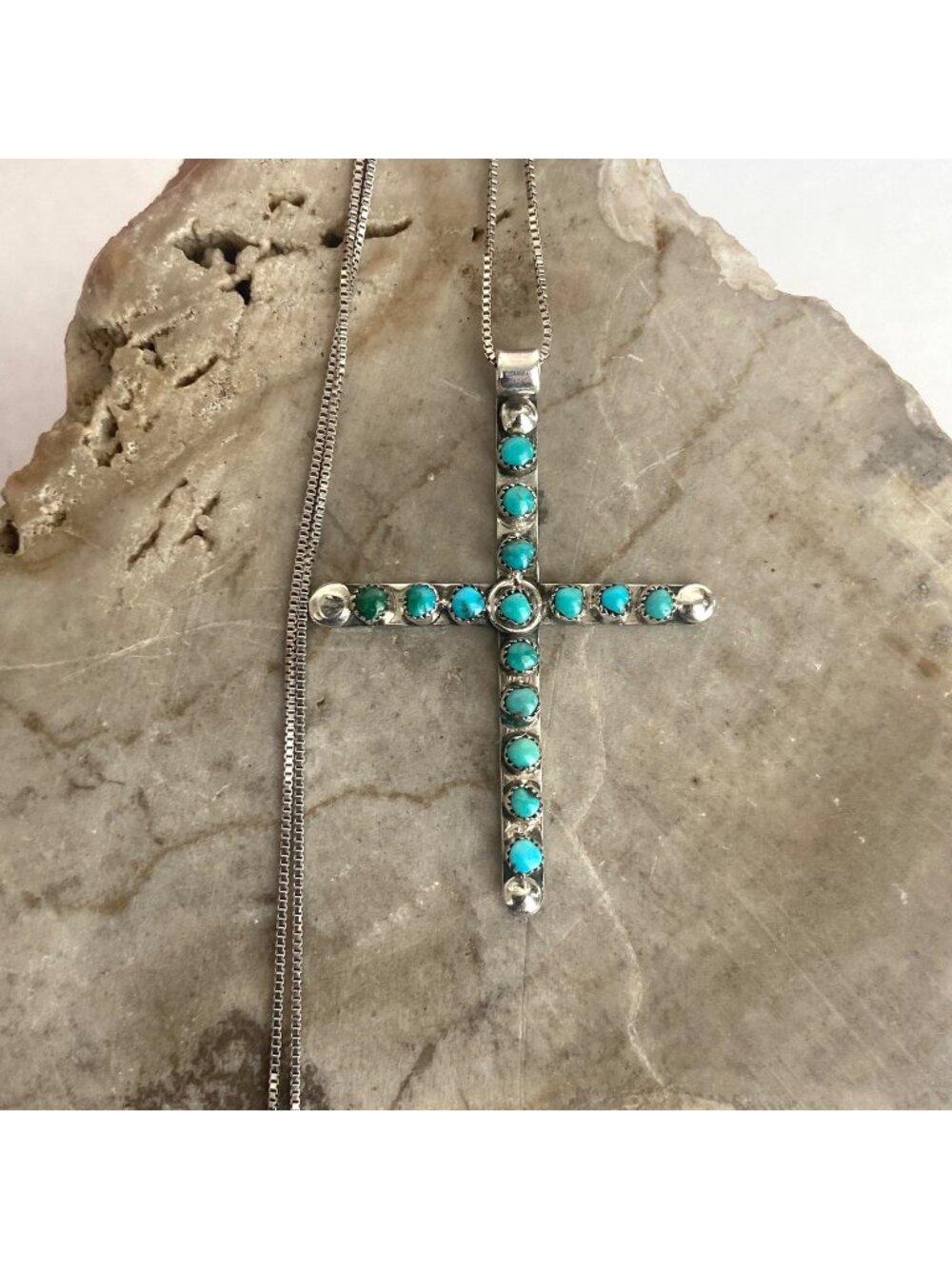 VTG Sterling Silver 925 Navajo Petit Point Turquoise Cross Pendant Necklace 18"
